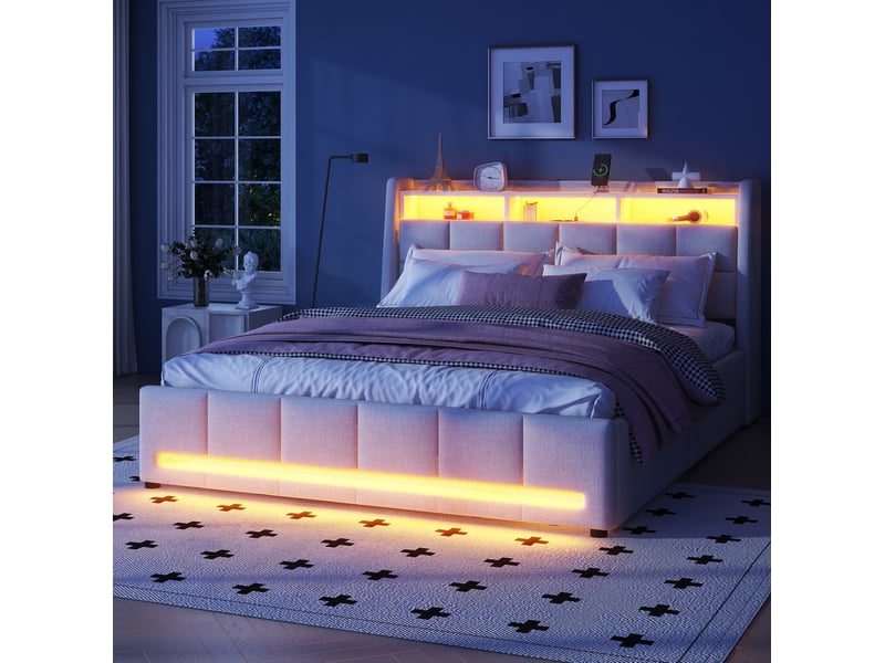  Lit 2 places 140x200 cm avec led, rangements et tiroirs coloris beige  - Conforama E