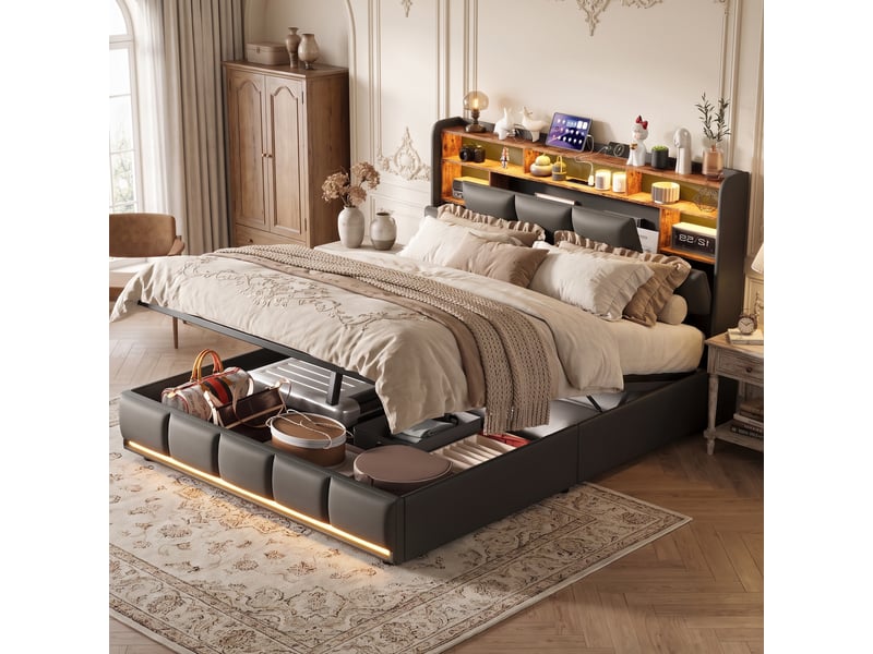 Lit coffre 140x190 cm avec led et usb,lit adulte rembourré, hydraulique, cadre de lit double 140x190 cm, noir, pu - Conforama B