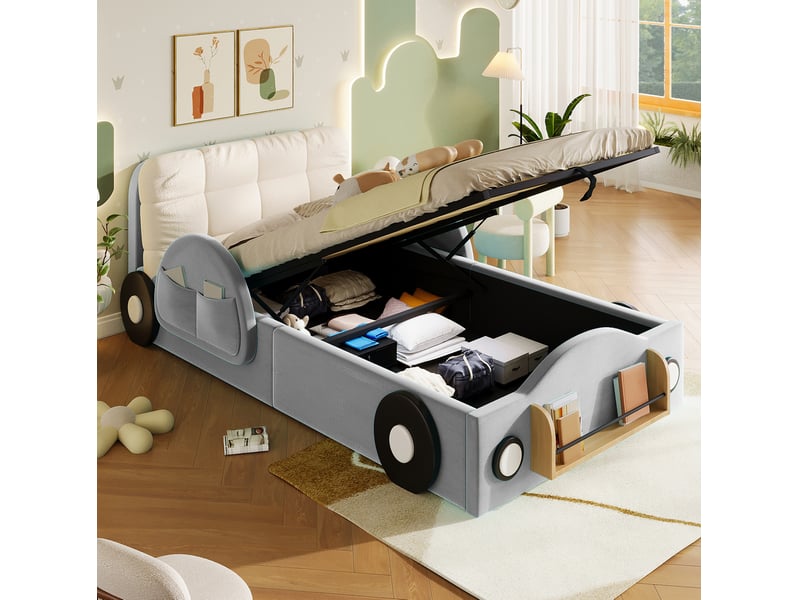  Lit coffre modenvie 90 x 200 cm en flanelle gris avec rangements latéraux, étagère à livres et coussin de tête  - Conforama B