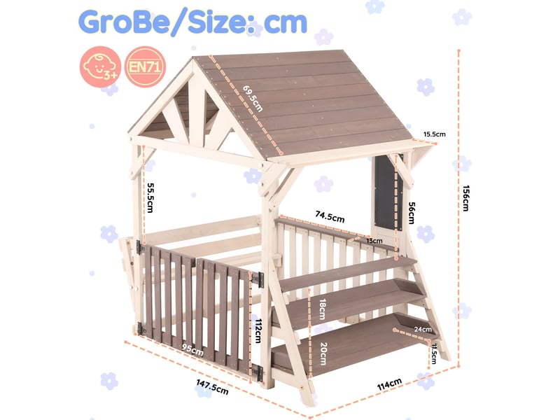  Maison de jeu extérieure en bois pour cuisine avec toit résistant à la pluie et balustrades mi-hautes, étagère polyvalente pour plantes et jouets, gris  - Conforama C
