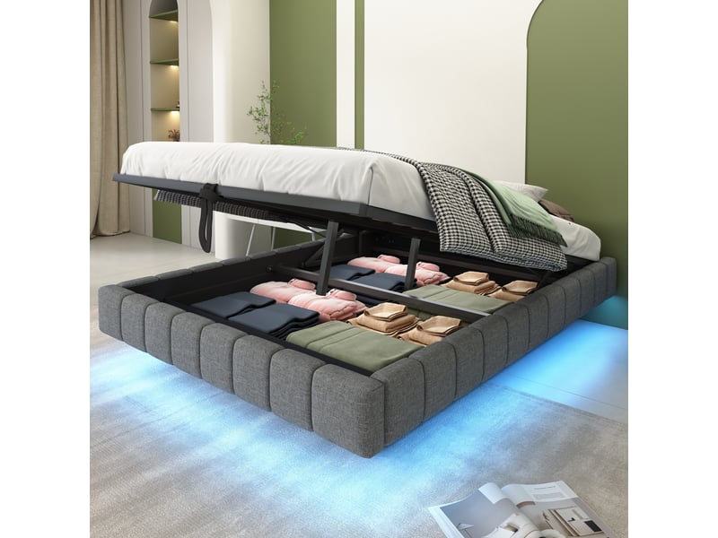  Lit capitonné 140x200 cm beige en lin, cadre suspendu, relevage hydraulique, led et sans tête de lit  - Conforama D