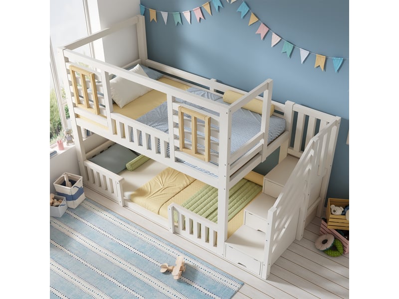  Lit superposé 90x200 cabane enfant en bois avec escalier et rangement - 2 couchages blanc  - Conforama D