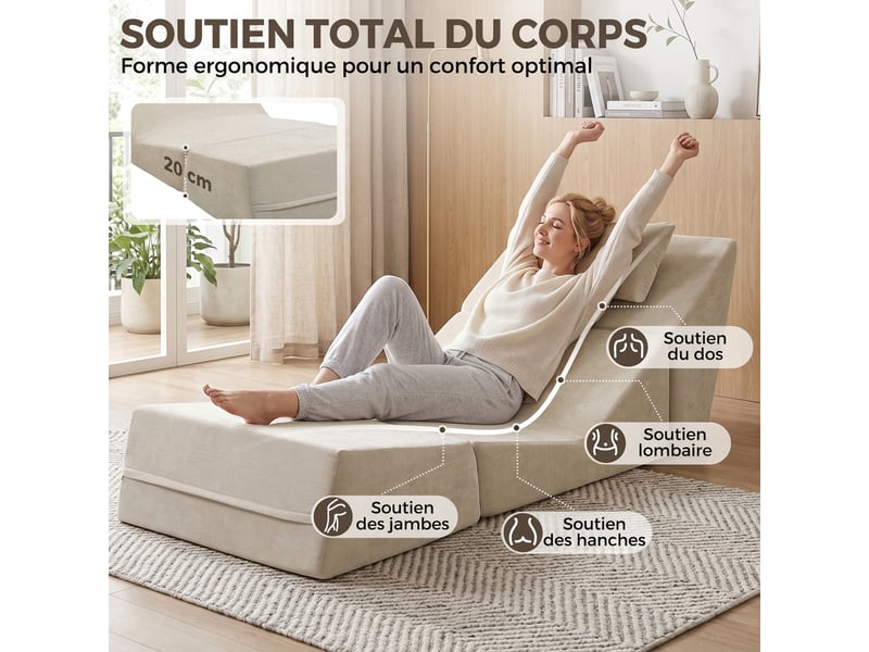  Canapé-lit pliant 3 en 1, chauffeuse 1 place convertible en chenille, coussin et dossier, compressé sans montage, beige  - Conforama E