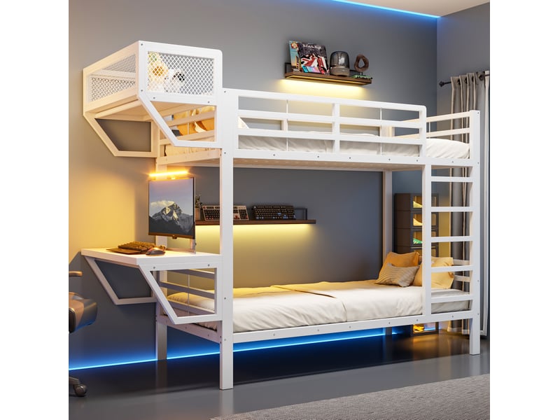  Lit superposé 90x200 cm avec bureau et étagères, structure en métal blanc  - Conforama B