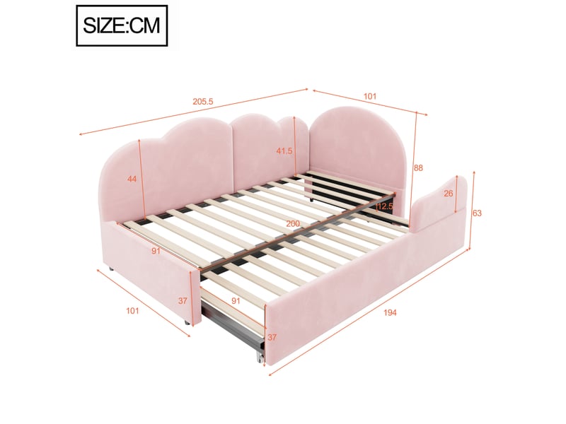  Couchage gigogne enfant, 90x200 cm, avec tête de lit inspirée d’un nuage, matelas non inclus, velours, coloris rose  - Conforama C