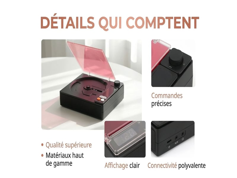  Lecteur cd portable bluetooth 5.1 avec batterie 4000 mah – platine cd stéréo avec sortie optique, port usb, sortie casque jack 3,5 mm, écran led et télécommande – noir  - Conforama C