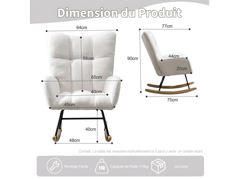  Fauteuil à bascule tissu bouclette avec poche, fauteuil allaitement blanc avec base en bois massif, 65x77x90 cm  - Conforama C