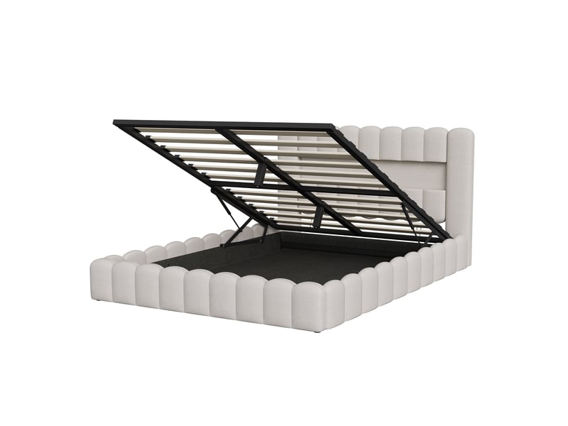  Dreammespace lit coffre 140x200 cm - lit double avec rangement hydraulique, niche de tête de lit &amp; led rgb, tissu lin beige DreamMespace - Conforama A