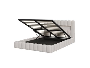 Dreammespace lit coffre 140x200 cm - lit double avec rangement hydraulique, niche de tête de lit & led rgb, tissu lin beige