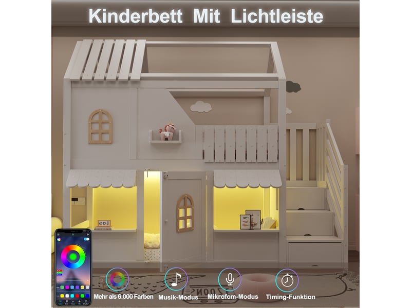  Lit superposé cabane 90x200 cm, lit enfant maison avec toit, led, échelle avec rangement et étagères, bois blanc Radiant Stride - Conforama E