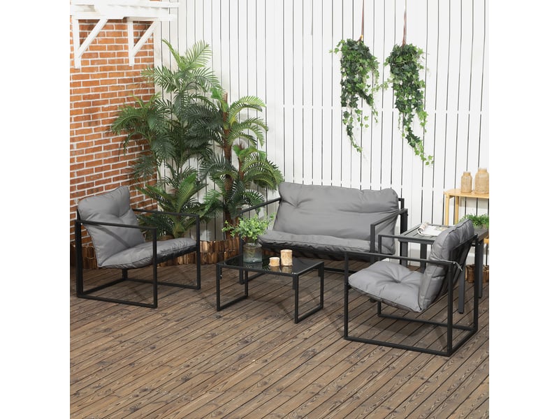  Salon de jardin 4 pcs 4 personnes avec canapé 2 pl., 2 fauteuils et 1 table basse gris  - Conforama D