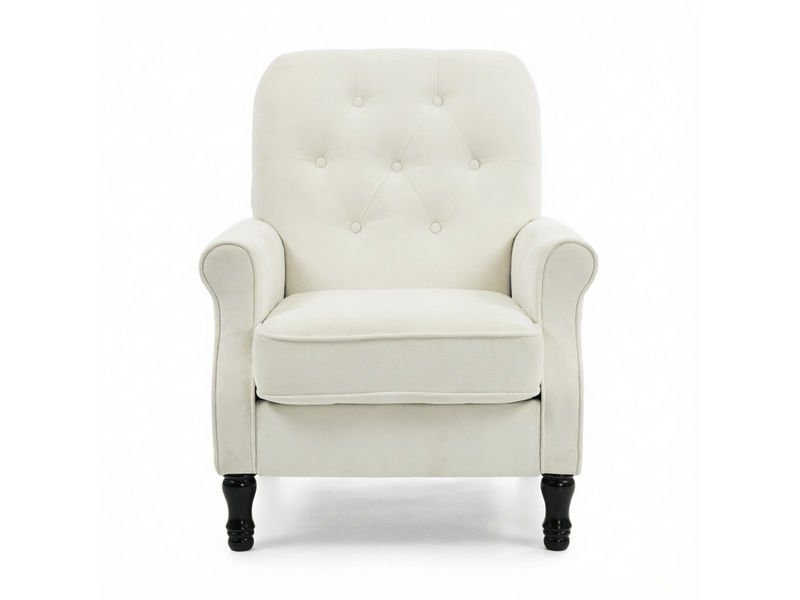  Fauteuil lounge capitonné avec coussin à ressorts ensachés et pieds en bois, en tissu de lin crème  - Conforama A