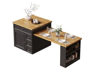 Îlot de cuisine extensible 120 à 184 cm sur roulettes avec 5 tiroirs, noir