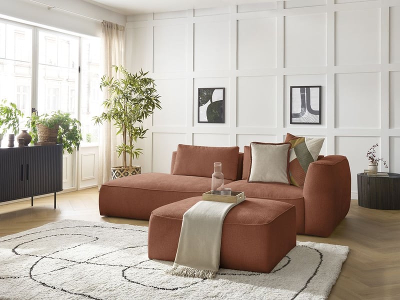  Bobochic canapé droit fixe 3 places leopold tissu texturé avec pouf orange  accoudoir droit LEOPOLD - Conforama B