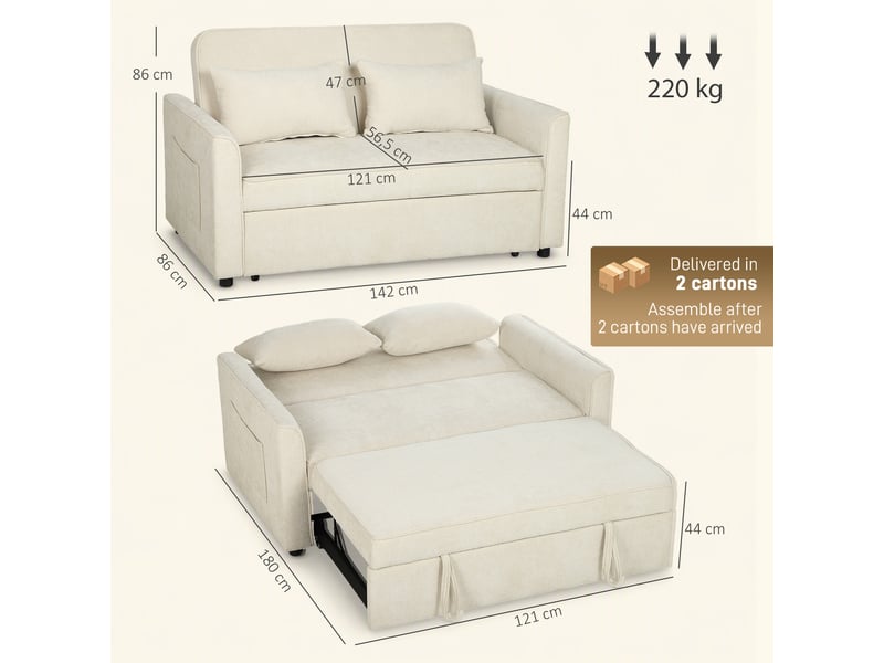  Canapé convertible 2 places dossier inclinable 2 coussins tissu chenille beige clair  - Conforama C
