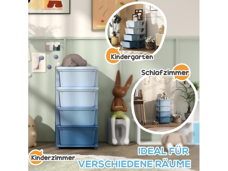Meuble de rangement enfant 37x37x76 cm – bleu – 4 tiroirs amovibles, coins arrondis et assise pratique - Conforama E
