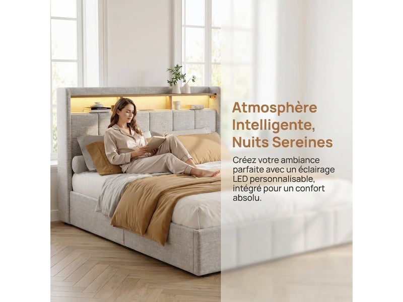  Lit avec rangement 140x190 cm en cuir pu avec led, prises usb et sommier à lattes – matelas non inclus  - Conforama E