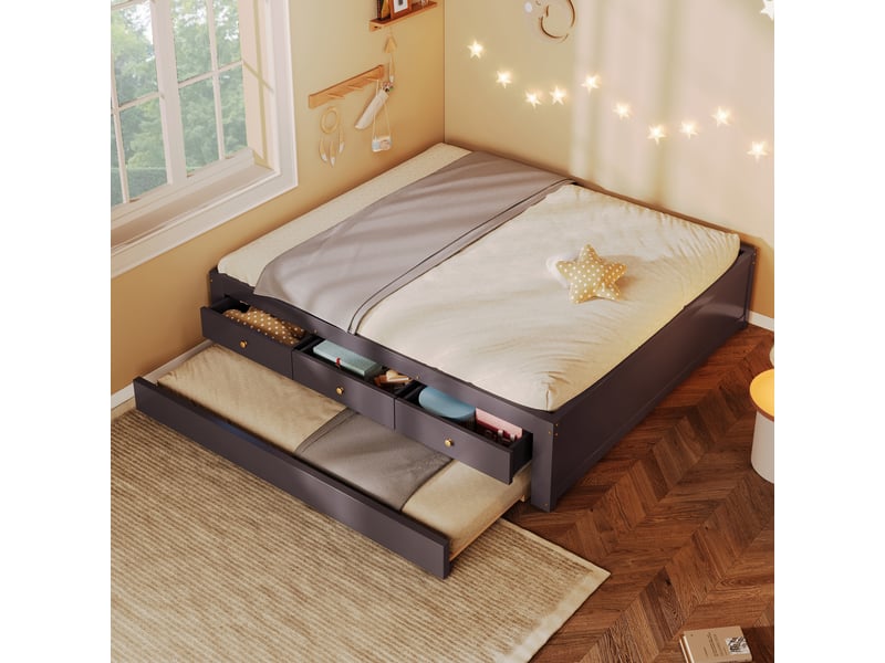  Lit banquette - 140x200 cm - tiroirs de rangement - lit gigogne - bois et mdf - gain de place - rangement fonctionnel - brun café CozyNest - Conforama C