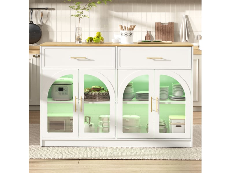 Îlot de cuisine led avec grand plan de travail, 2 tiroirs, étagères réglables et portes vitrées pour cuisine, 135 × 55 × 91 cm - Conforama D