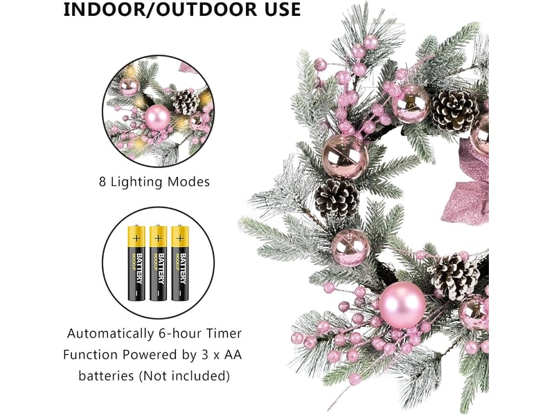  Couronne de noël rose 50 cm avec pommes de pin, nœud et boules, avec lumières, décoration porte intérieur extérieur  - Conforama B