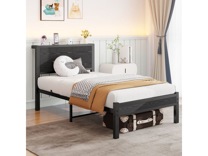 Lit 90x200 cm, lit une personne, structure métal robuste, rangement intégré, tête de lit, plateforme, silencieux, noir  - Conforama B