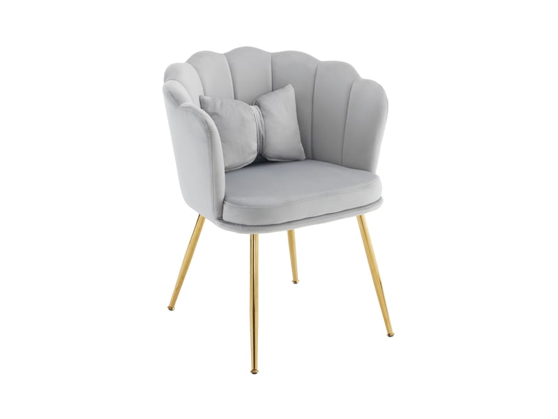  Fauteuil en velours avec dossier pétale, coussin papillon et pieds métalliques dorés réglables gris  - Conforama A
