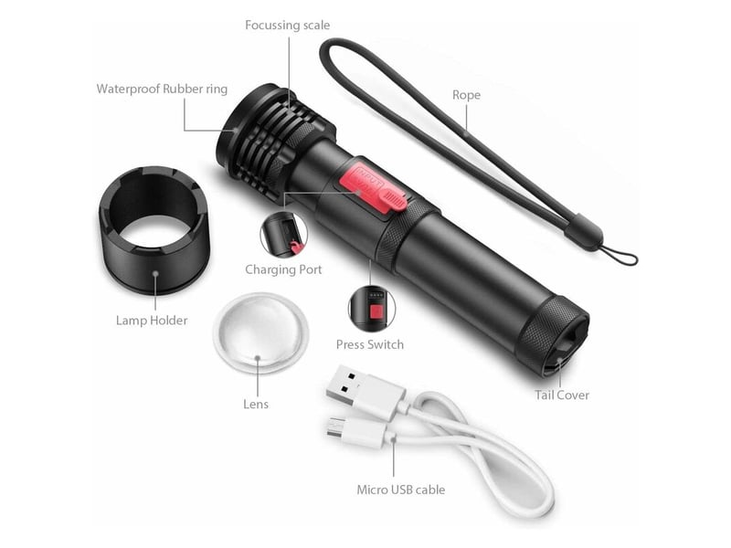  Lampe de poche led rechargeable 3000 lumens, lampe de torche zoomable, torche étanche extérieur (batterie rechargeable intégrée)  - Conforama E
