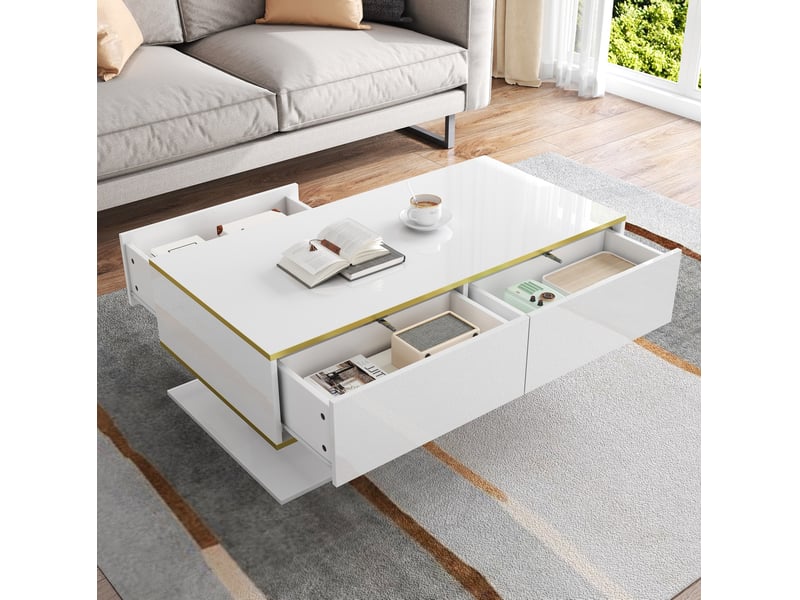  Table basse moderne 100x50x40 cm avec led, 3 tiroirs, finition brillante, pratique, panneau de particules, blanc et or  - Conforama D