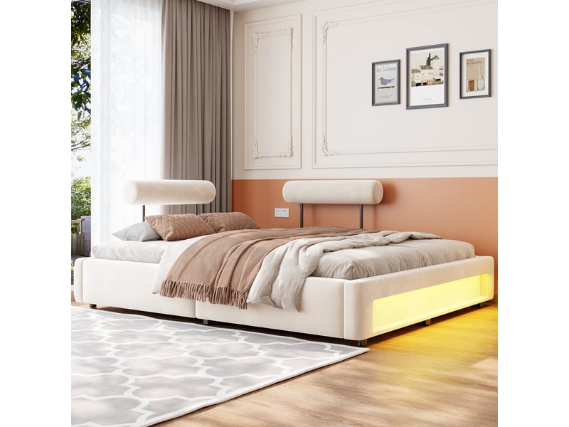  Lit capitonné 160x200 cm avec 2 dossiers réglables 4 positions, éclairage led, velours, beige  - Conforama B