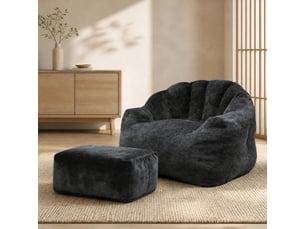 Lot de 2 pièces : fauteuil patte d’ours noir en tissu avec pouf assorti, confort enveloppant pour se détendre