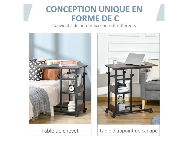  Table d'appoint bout de canapé table roulante table de lit pour ordinateur portable hauteur réglable - 2 étagères intégrées - cadre métal, 80 x 40 x 72-82 cm, marron  - Conforama D