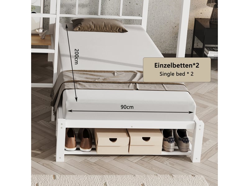  Lit superposé enfant 140x20090x200 cm - avec escalier, lit en fer avec barrières de sécurité et rangement - lit 3 places - métal  - Conforama D