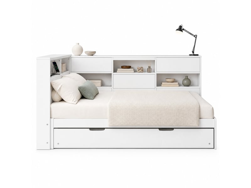 Lit gigogne 140 x 200 cm blanc avec rangement en tête de lit et ports usb + type-c  - Conforama A