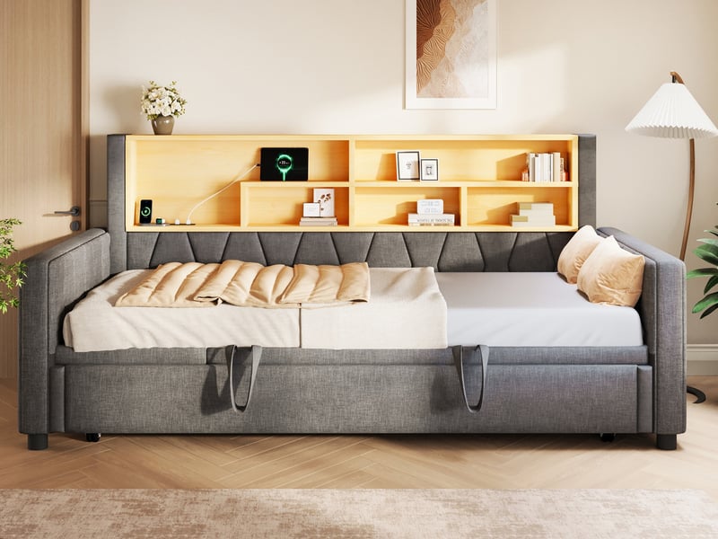 Lit gigogne multifonction, 90 × 200 cm, avec bande lumineuse led et prise électrique, revêtement en lin, gris - Conforama B