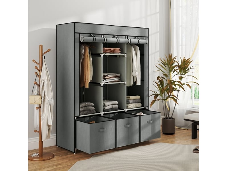  Armoire en tissu avec 2 penderies, 5 étagères et 3 tiroirs, fermeture zippée, gris clair, 125 × 43 × 162,5 cm  - Conforama C