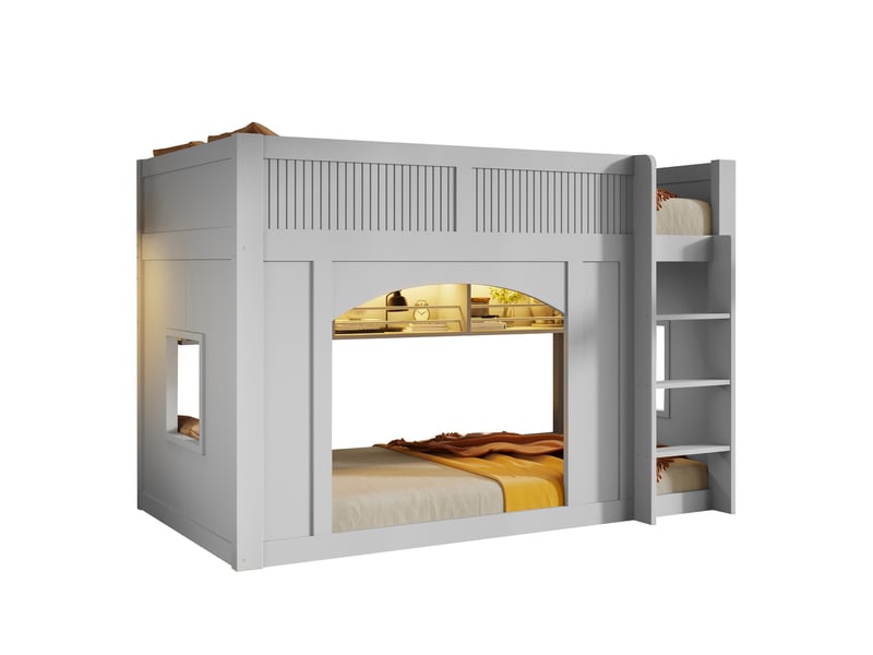 Lit mezzanine enfant 90x200cm style cabane avec bibliothèque, led multicolore, fenêtres et espace de jeu, mdf et pin - gris - Conforama A
