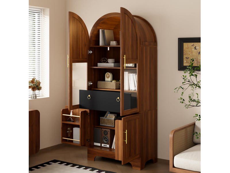  Buffet 76x40x180 cm, forme arquée, éclairage led, 4 portes et 1 tiroir, mdf et panneau de particules, aspect noyer brun  - Conforama B