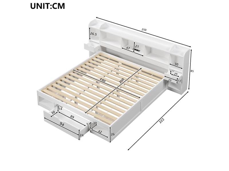  Lit plateforme 180x200 cm, tête et pied de lit avec rangements, led, port usb, mdf et contreplaqué, blanc sans matelas  - Conforama C