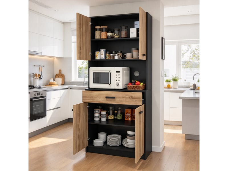  Buffet cuisine 4 portes et 1 tiroir, 80 x 40 x 180 cm, passages de câbles, espace électroménager et anti-basculement, panneaux de particules, noir Morn Vibe - Conforama D