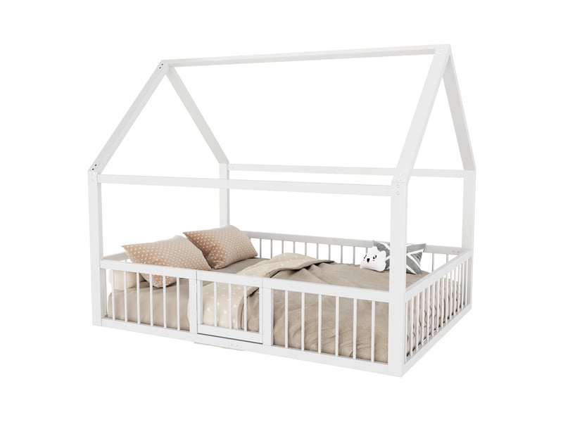  Lit plat en métal blanc 140 x 200 cm avec moulures maison et garde-corps, lit enfant sans matelas  - Conforama A