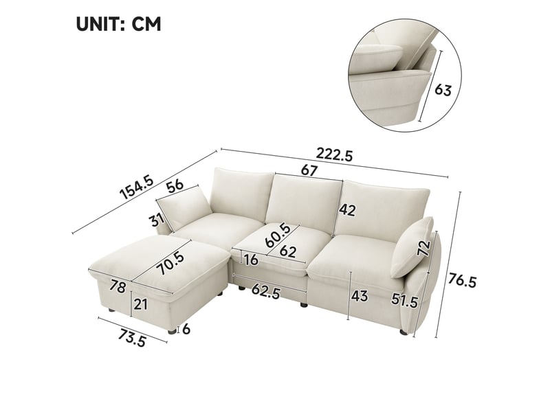 Canapé d'angle 3 places avec ottomane modulable et coussins, en chenille beige, 222,5 × 154,5 × 76,5 cm - Conforama C