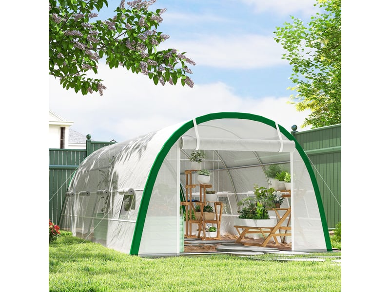  Serre tunnel 6 x 3 x 2 m avec porte enroulable, 8 fenêtres grillagées et structure en acier galvanisé blanc  - Conforama C