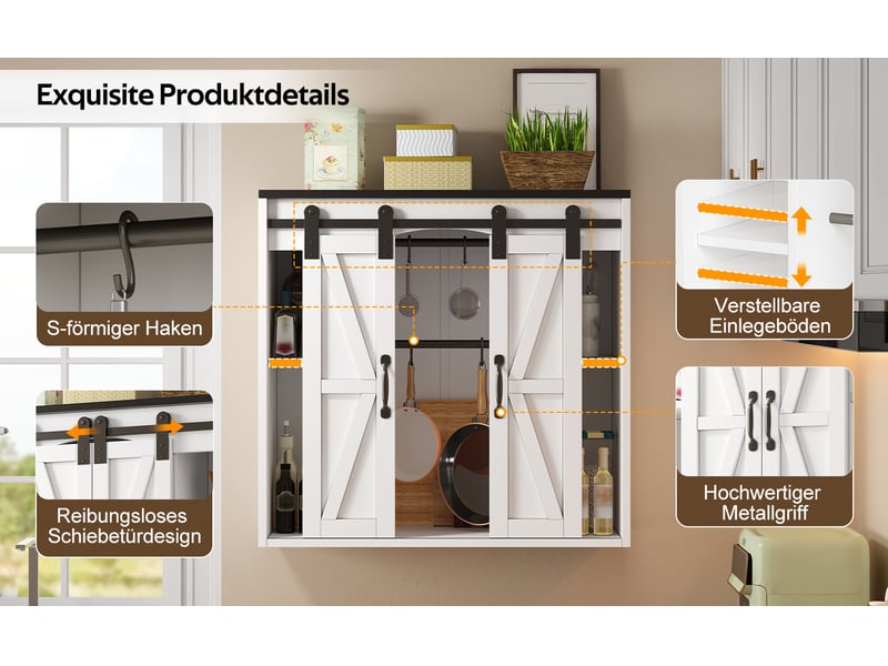  Armoire murale cuisine blanche 80x76cm, placard mural à 2 portes coulissantes et étagères ajustables en mdf pour rangement  - Conforama D