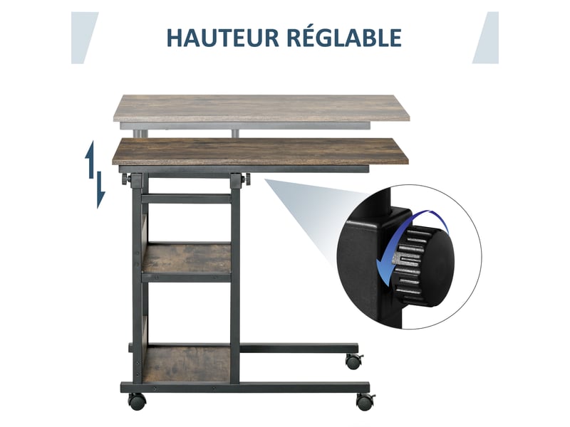  Table d'appoint bout de canapé table roulante table de lit pour ordinateur portable hauteur réglable - 2 étagères intégrées - cadre métal, 80 x 40 x 72-82 cm, marron  - Conforama R