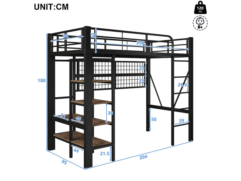  Lit mezzanine 90x200 cm en métal avec rangement, led, penderie et filet, noir  - Conforama C