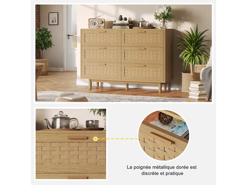  Buffet en bois massif avec 5 tiroirs en rotin, bahut meuble de rangement style bohème et rustique pour salon salle à manger, 115x40x80 cm - naturel  - Conforama D