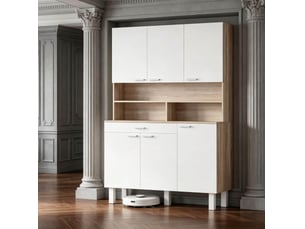 Buffet de cuisine avec 6 portes, 1 tiroir, niches ouvertes et passe-câbles, blanc et bois naturel, 120 × 40 × 175 cm
