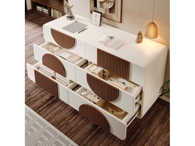  Commode 6 tiroirs 121x71x41 cm, style moderne, design courbé, mdf+bois, blanc, pour salon, meuble de salon  - Conforama D