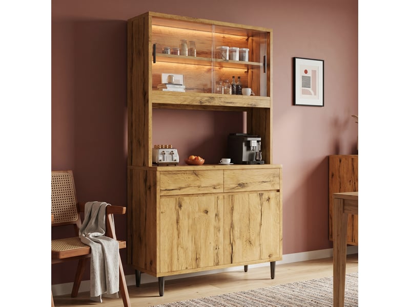  Buffet haut 100 x 40 x 185 cm chêne avec éclairage led et prises intégrées  - Conforama D