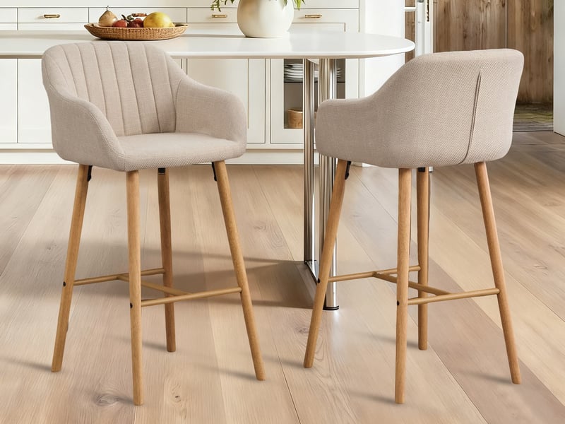 Lot de 2 tabourets de bar 58,5x55x104 cm, dossier haut, accoudoirs, meuble de cuisine, meuble de salon, tissu lin beige  - Conforama B